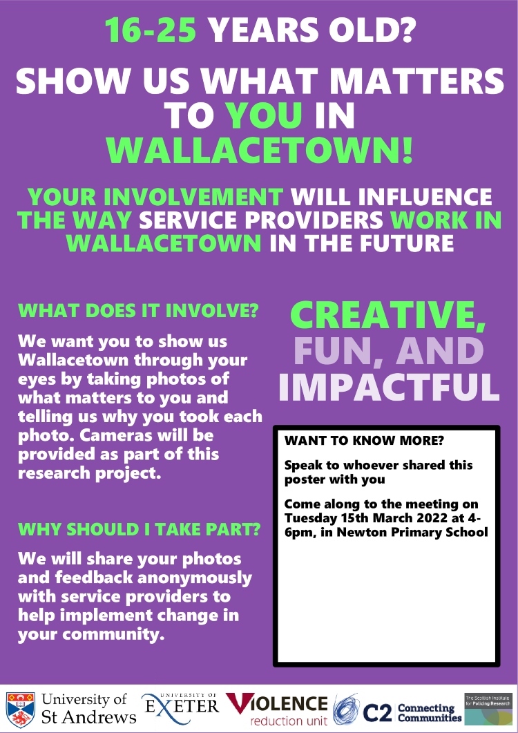 Wallacetown photovoice poster promoting meeting for 16 to 25 year olds.